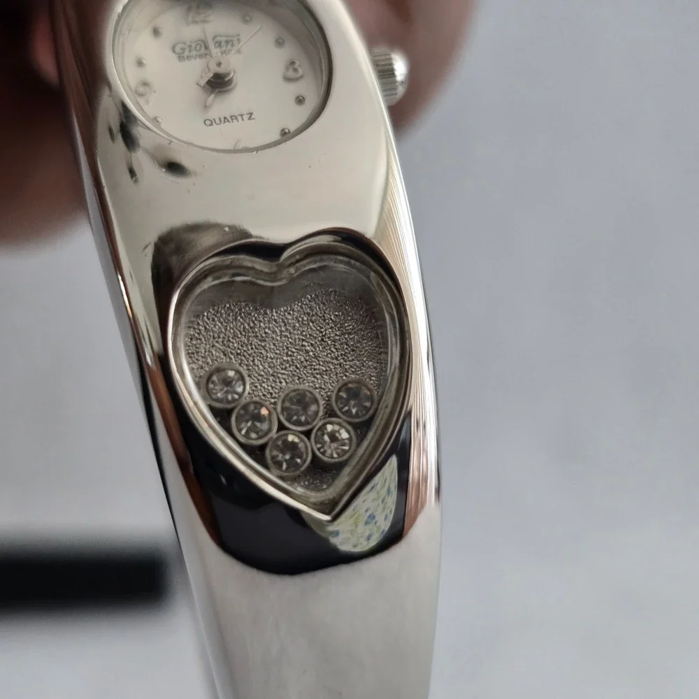 Giovani Beverly Hills Watch Bangle Cuff Silver Heart Floating Crystal UNTESTED